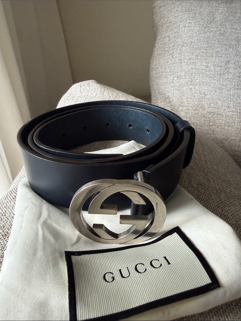 Authentic silver jewelry Gucci  GG Belt – Dark blue Leather + Dust Bag